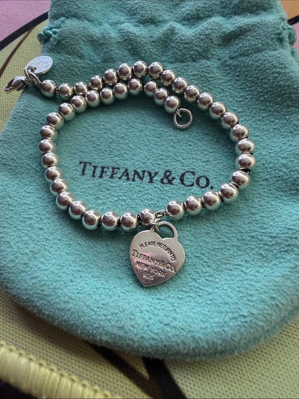Tiffany & Co. Silver Bead Bracelet with Tiffany Blue Heart Charm